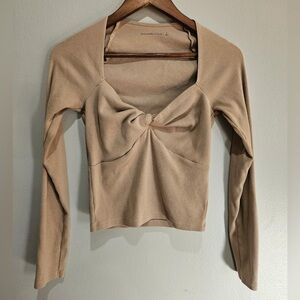 Abercrombie & Fitch Ribbed Twist Front Long Sleeve Top Tan Size S